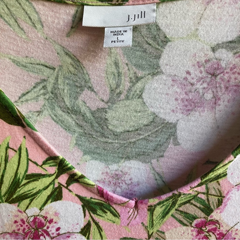 J. Jill Pink Green Floral Print Dress Size L Petite Pockets Short Sleeves Cotton - Picture 3 of 10